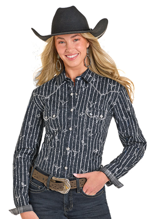 Panhandle Slim Women's Black Western Barbwire Stripe Print Pearl Snap Long Sleeve Western Shirt RWN2S07588