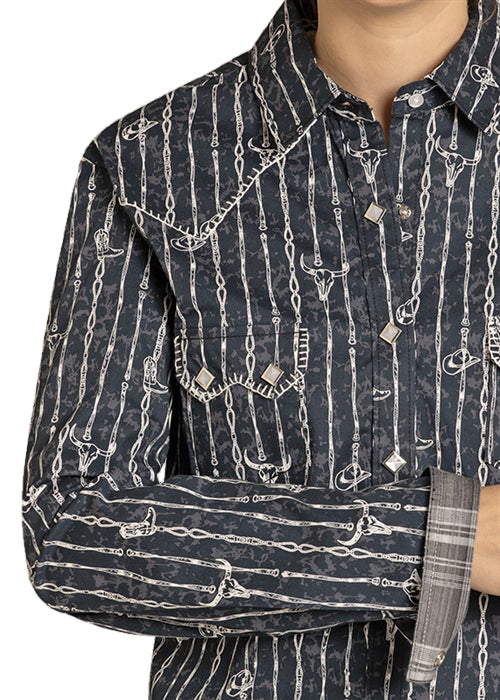 Panhandle Slim Women's Black Western Barbwire Stripe Print Pearl Snap Long Sleeve Western Shirt RWN2S07588