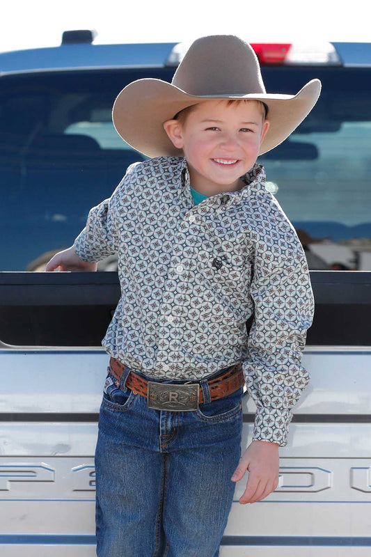 Cinch Boy's Infant/Toddler/Boy's Cream & Black Geo Print Button Long Sleeve Western Shirt MTW7060405 MTW7061405 MTW7062405