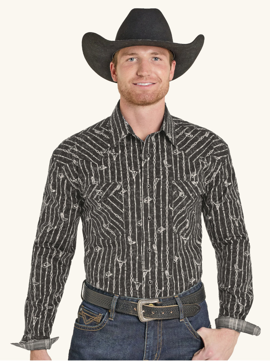 Panhandle Slim Men's Black Western Barbwire Stripe Print Pearl Snap Long Sleeve Western Shirt RMN2S07588