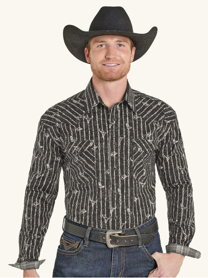 Panhandle Slim Men's Black Western Barbwire Stripe Print Pearl Snap Long Sleeve Western Shirt RMN2S07588