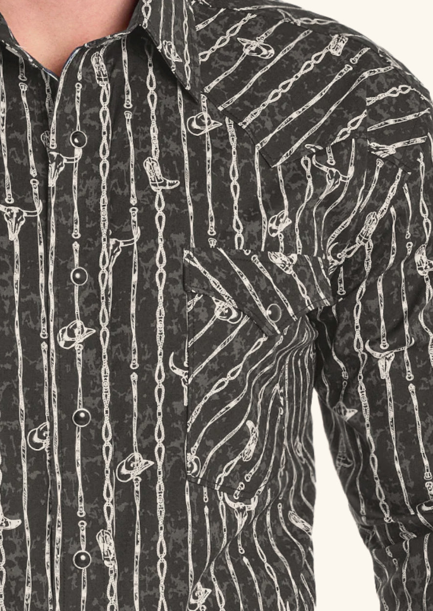 Panhandle Slim Men's Black Western Barbwire Stripe Print Pearl Snap Long Sleeve Western Shirt RMN2S07588