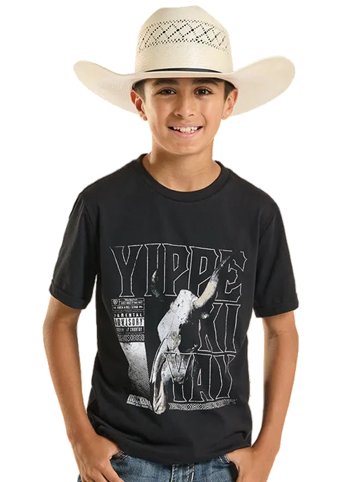 Rock & Roll Cowboy Boys Black 'Yippe Ki Yay' Skull Graphic Tee Shirt BB21T08875