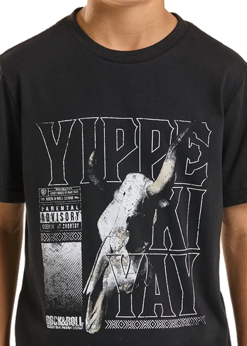 Rock & Roll Cowboy Boys Black 'Yippe Ki Yay' Skull Graphic Tee Shirt BB21T08875