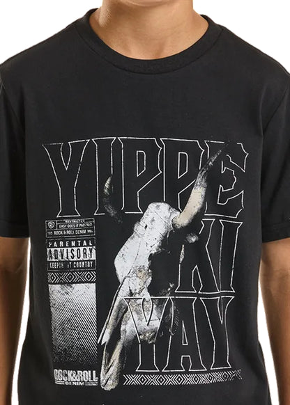 Rock & Roll Cowboy Boys Black 'Yippe Ki Yay' Skull Graphic Tee Shirt BB21T08875