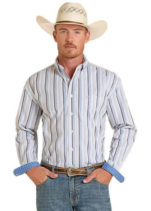 Panhandle Slim Men's Rough Stock Sky Blue Stripe Button Long Sleeve Western Shirt RMB2S08925