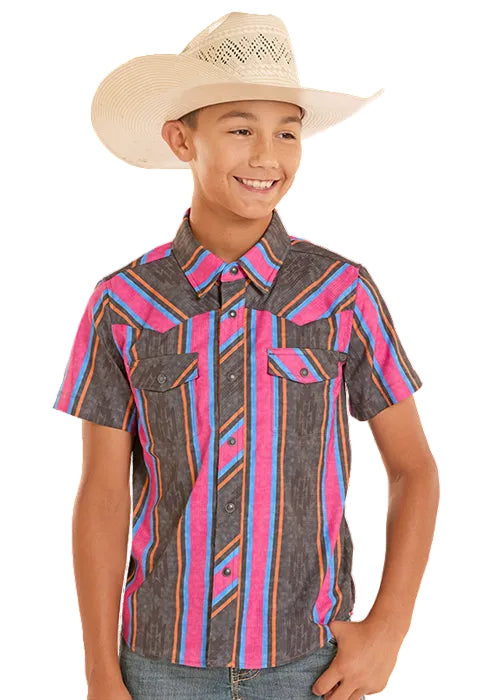 Rock & Roll Cowboy Boy's Black Aztec Stripe Tek Western Ripstop Pearl Snap Short Sleeve Western Shirt BBN3S08684