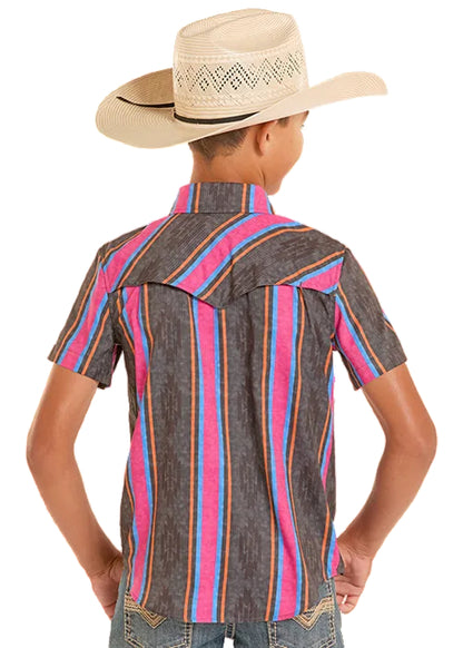 Rock & Roll Cowboy Boy's Black Aztec Stripe Tek Western Ripstop Pearl Snap Short Sleeve Western Shirt BBN3S08684