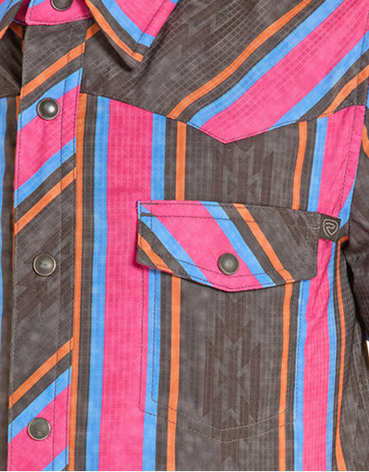 Rock & Roll Cowboy Boy's Black Aztec Stripe Tek Western Ripstop Pearl Snap Short Sleeve Western Shirt BBN3S08684