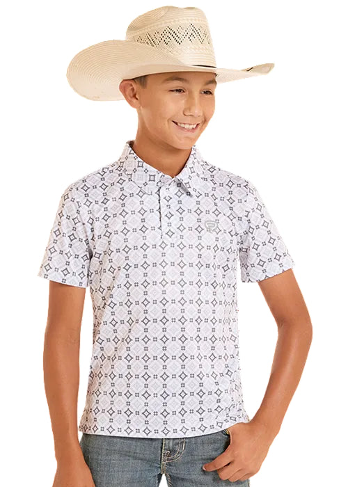 Rock & Roll Cowboy Boy's White Medallion Aztec Print Button Short Sleeve Polo Shirt BB51T08716 BX51T08716