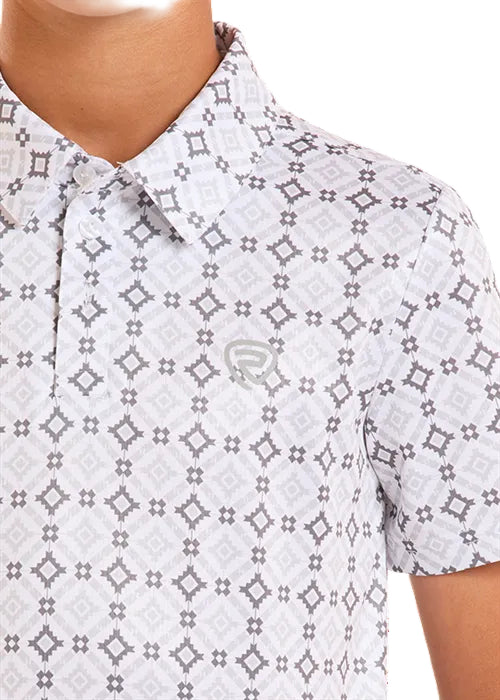 Rock & Roll Cowboy Boy's White Medallion Aztec Print Button Short Sleeve Polo Shirt BB51T08716 BX51T08716