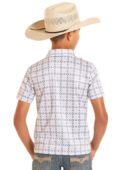 Rock & Roll Cowboy Boy's White Medallion Aztec Print Button Short Sleeve Polo Shirt BB51T08716 BX51T08716