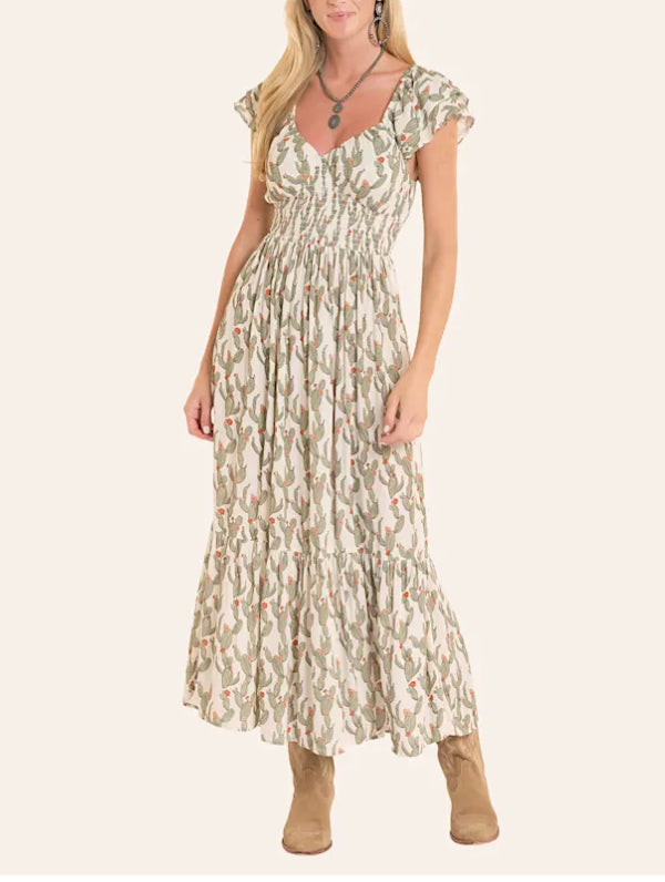 Rock & Roll Cowgirl Women's Jade Western Cactus Print Flutter Sleeve V-Neck Ruffled Maxi Dress BWD0R08810