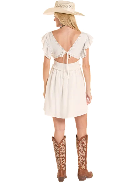 Rock & Roll Cowgirl Women's Natural Floral Embroidered V-Neck Flutter Sleeve Open Tie Back Mini Dress BWD0R08818 S