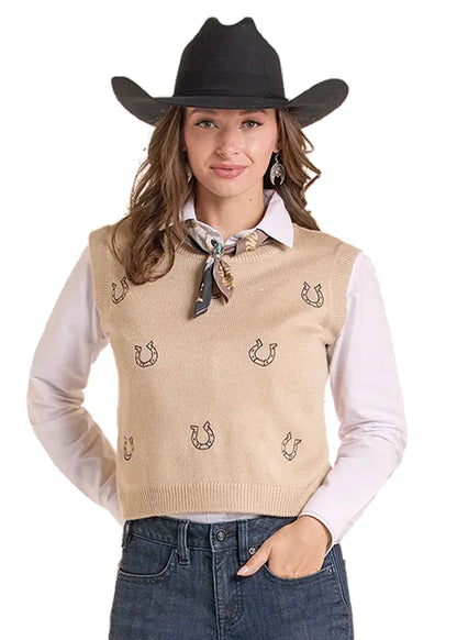 Panhandle Slim Women's Natural Western Horseshoe Embroidered Sleeveless Cropped Sweater Vest LW38T09692