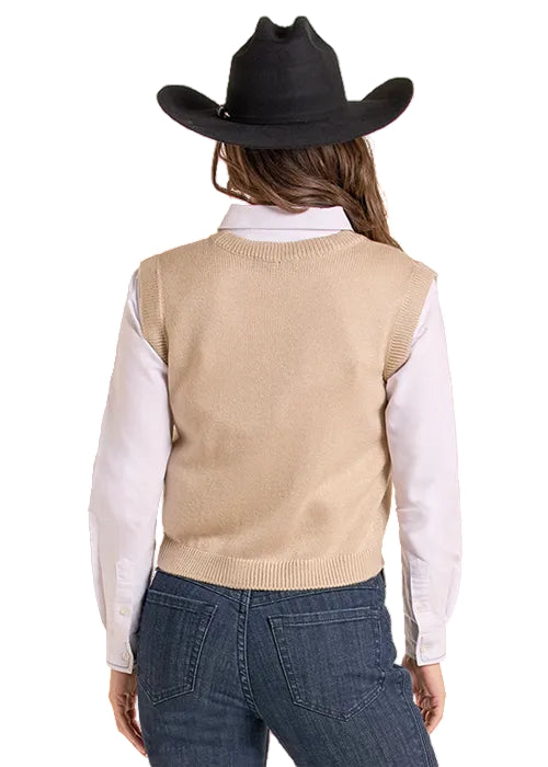 Panhandle Slim Women's Natural Western Horseshoe Embroidered Sleeveless Cropped Sweater Vest LW38T09692