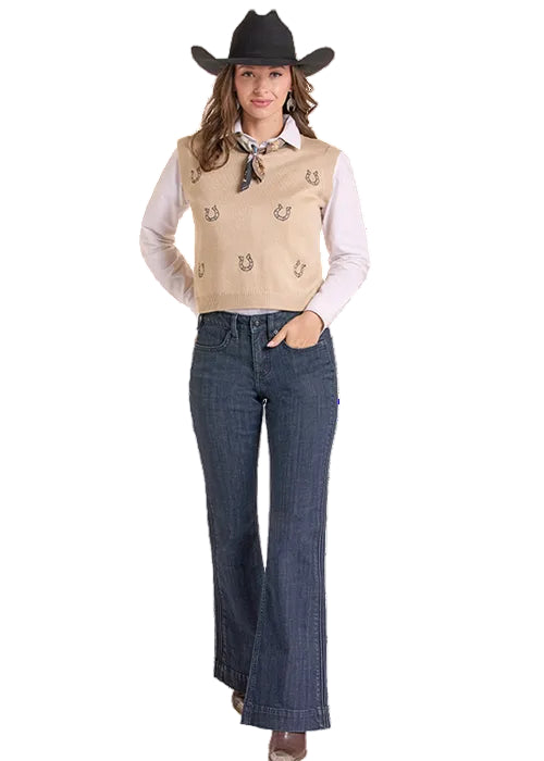 Panhandle Slim Women's Natural Western Horseshoe Embroidered Sleeveless Cropped Sweater Vest LW38T09692