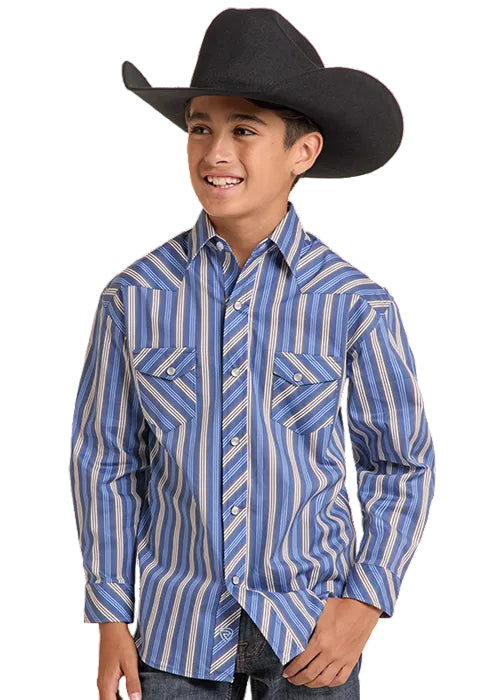 Rock & Roll Cowboy Boy's Blue Stripe Pearl Snap Long Sleeve Western Shirt BBN2S09435