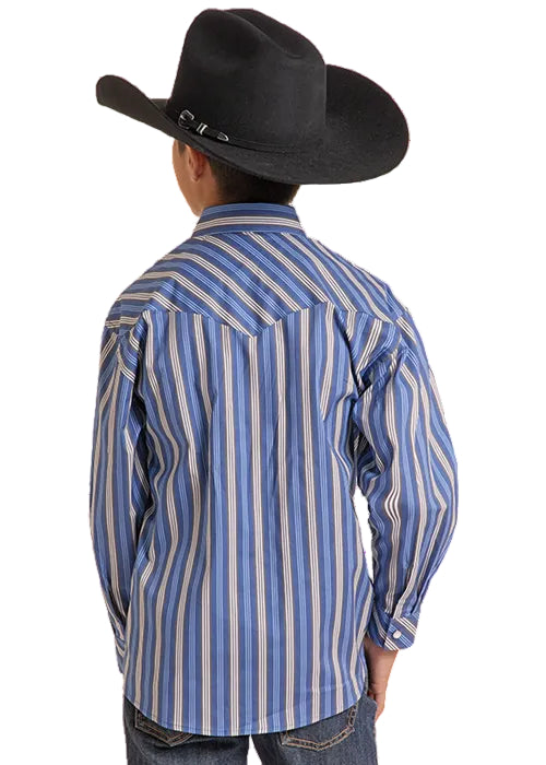 Rock & Roll Cowboy Boy's Blue Stripe Pearl Snap Long Sleeve Western Shirt BBN2S09435