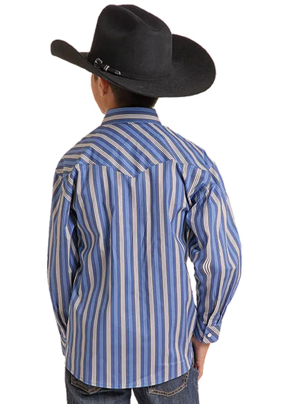 Rock & Roll Cowboy Boy's Blue Stripe Pearl Snap Long Sleeve Western Shirt BBN2S09435