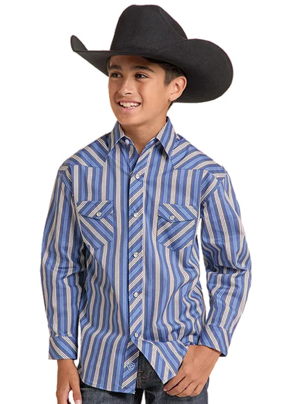 Rock & Roll Cowboy Boy's Blue Stripe Pearl Snap Long Sleeve Western Shirt BBN2S09435