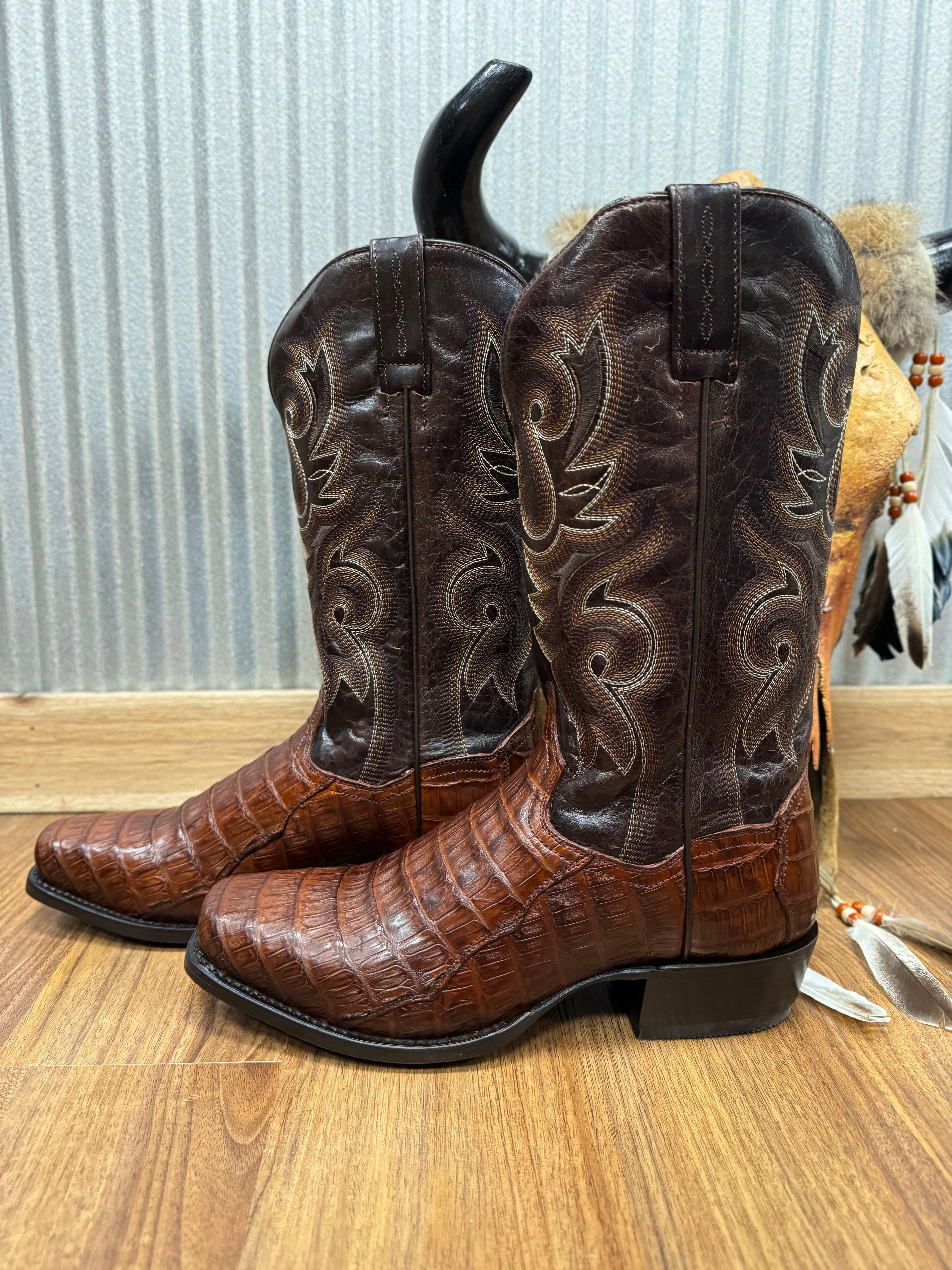靴 Trading Post original Dan Post Men's Brass Bayou Caiman Narrow Square Toe Cowboy Boots