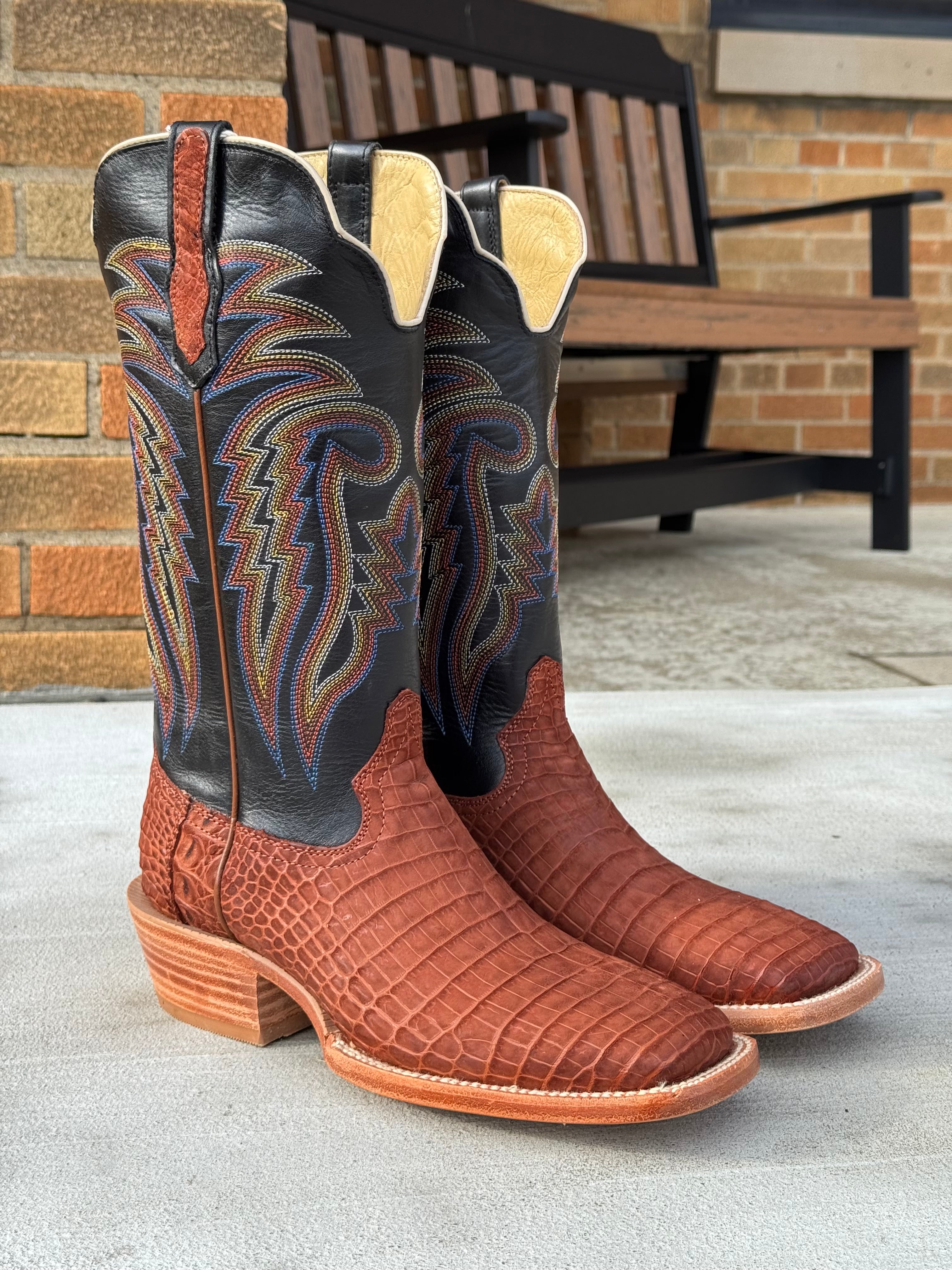 R. Watson Men's Cognac Sueded Nile Crocodile Square Toe Cowboy