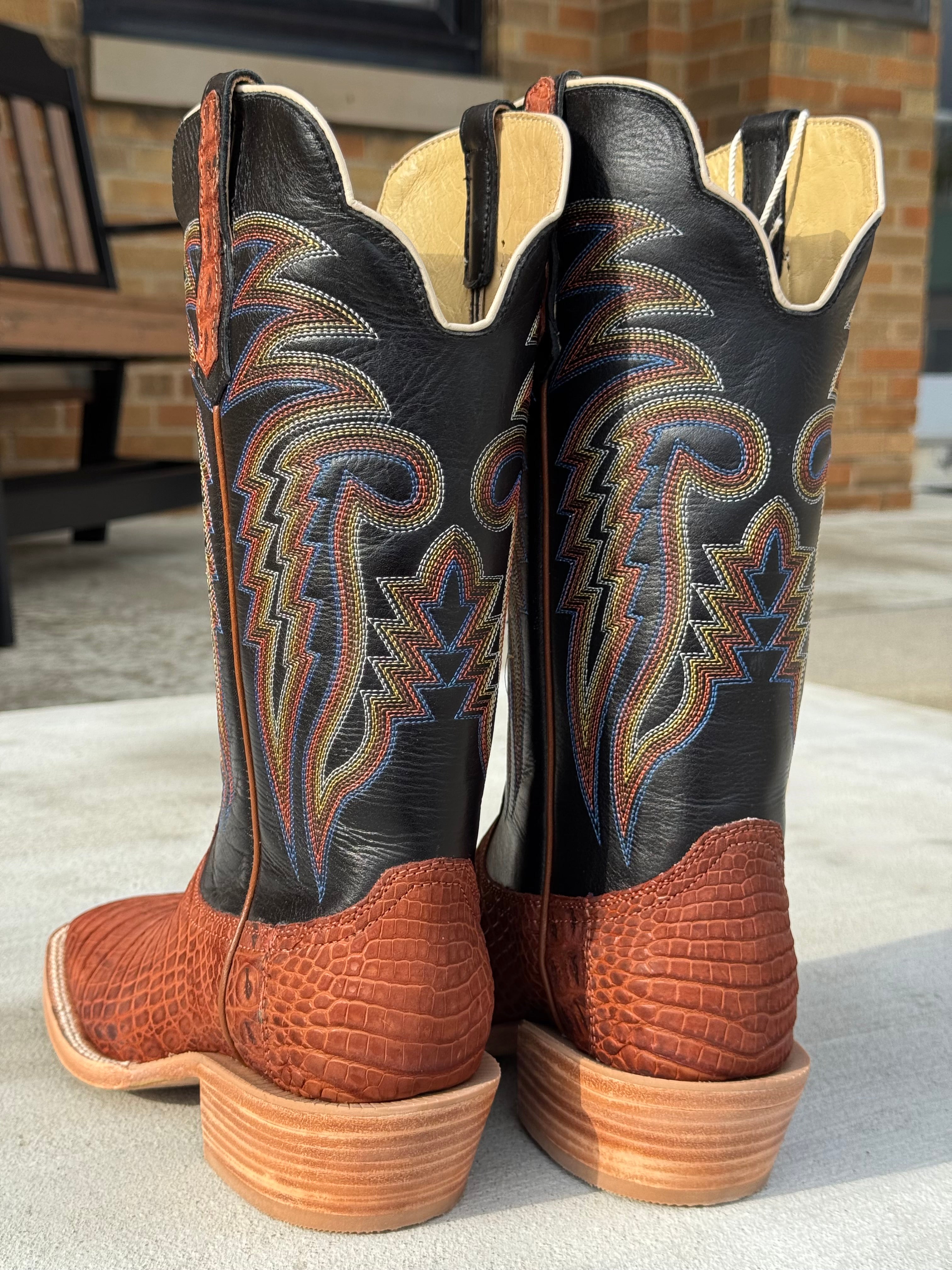 R. Watson Men's Cognac Sueded Nile Crocodile Square Toe Cowboy