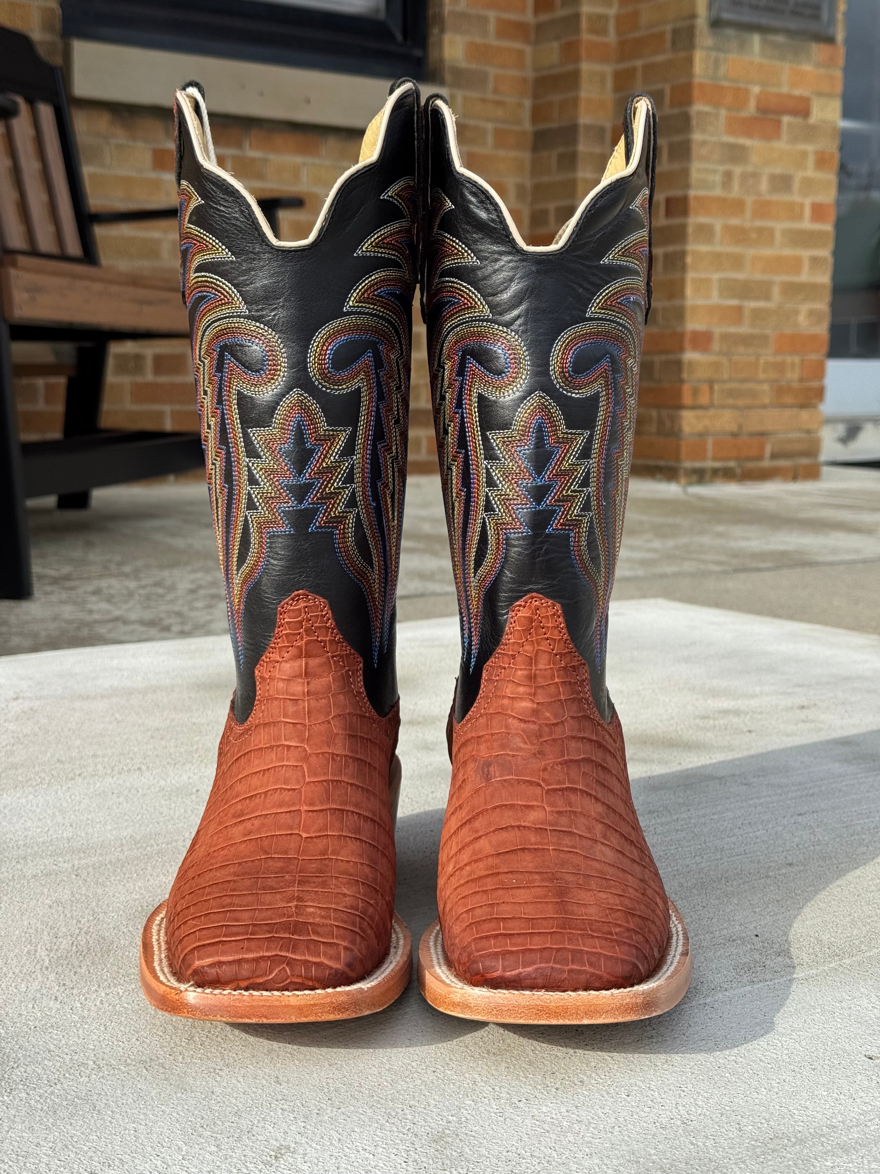 R. Watson Men's Cognac Sueded Nile Crocodile Square Toe Cowboy