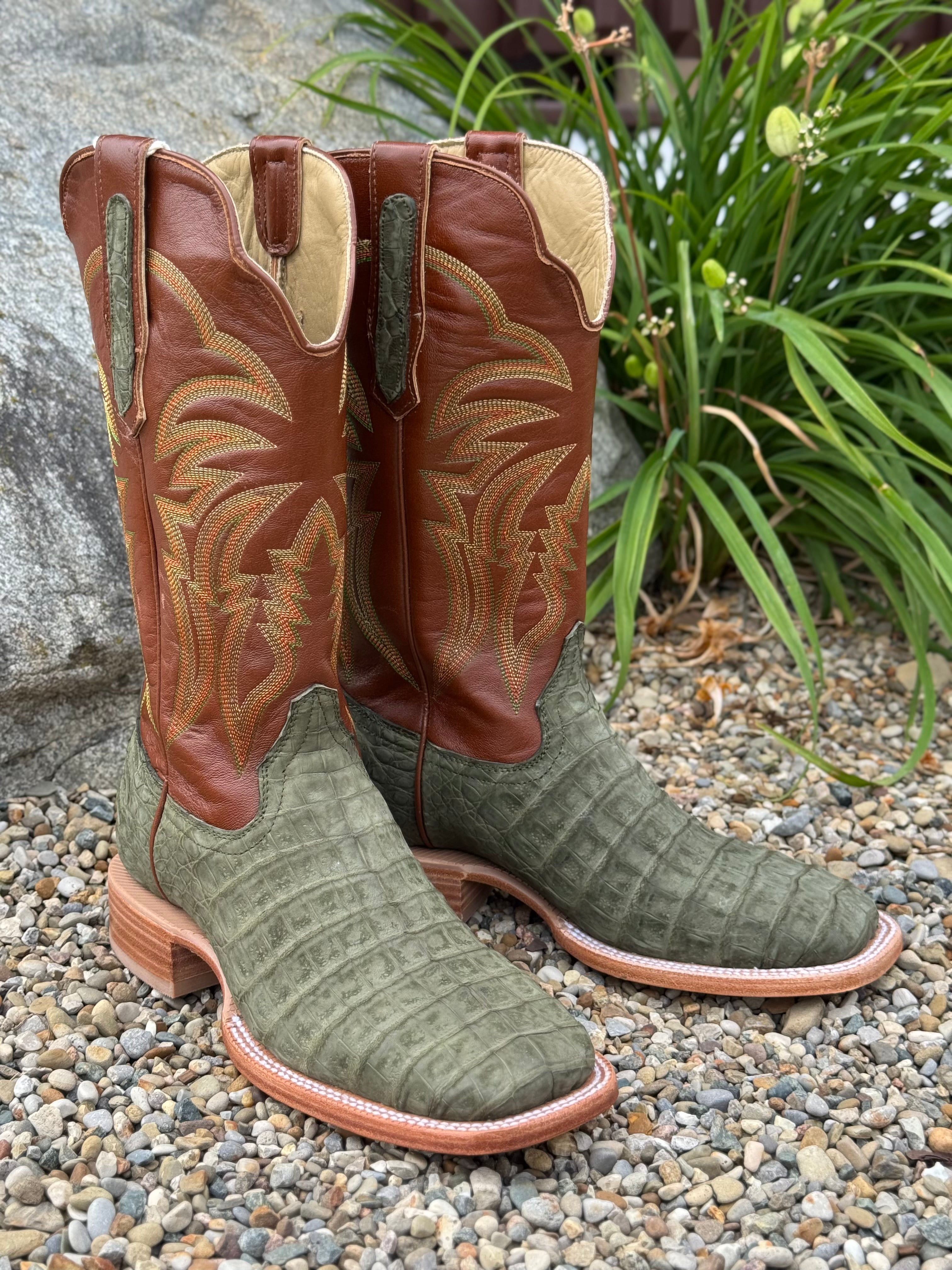 R. Watson Men's Nubuck Olive Green Caiman Square Toe Western