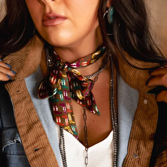 Brown with Cowboy Boots Print Silk Twilly Scarf TW002BRN