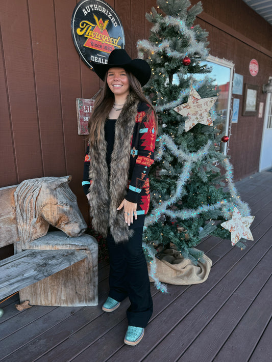 Panhandle Slim Women's Black & Red Aztec Print Faux Fur Duster Cardigan LW95T07108