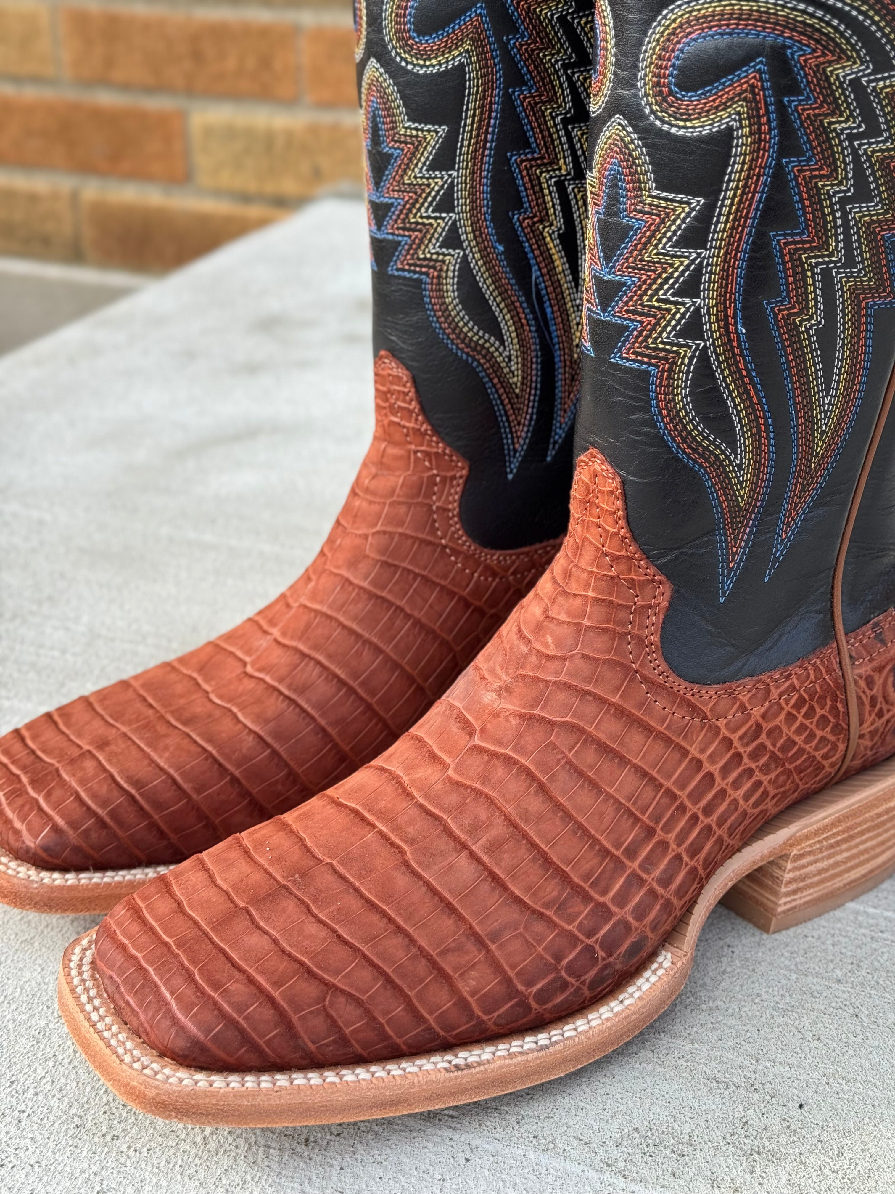 R. Watson Men's Cognac Sueded Nile Crocodile Square Toe Cowboy