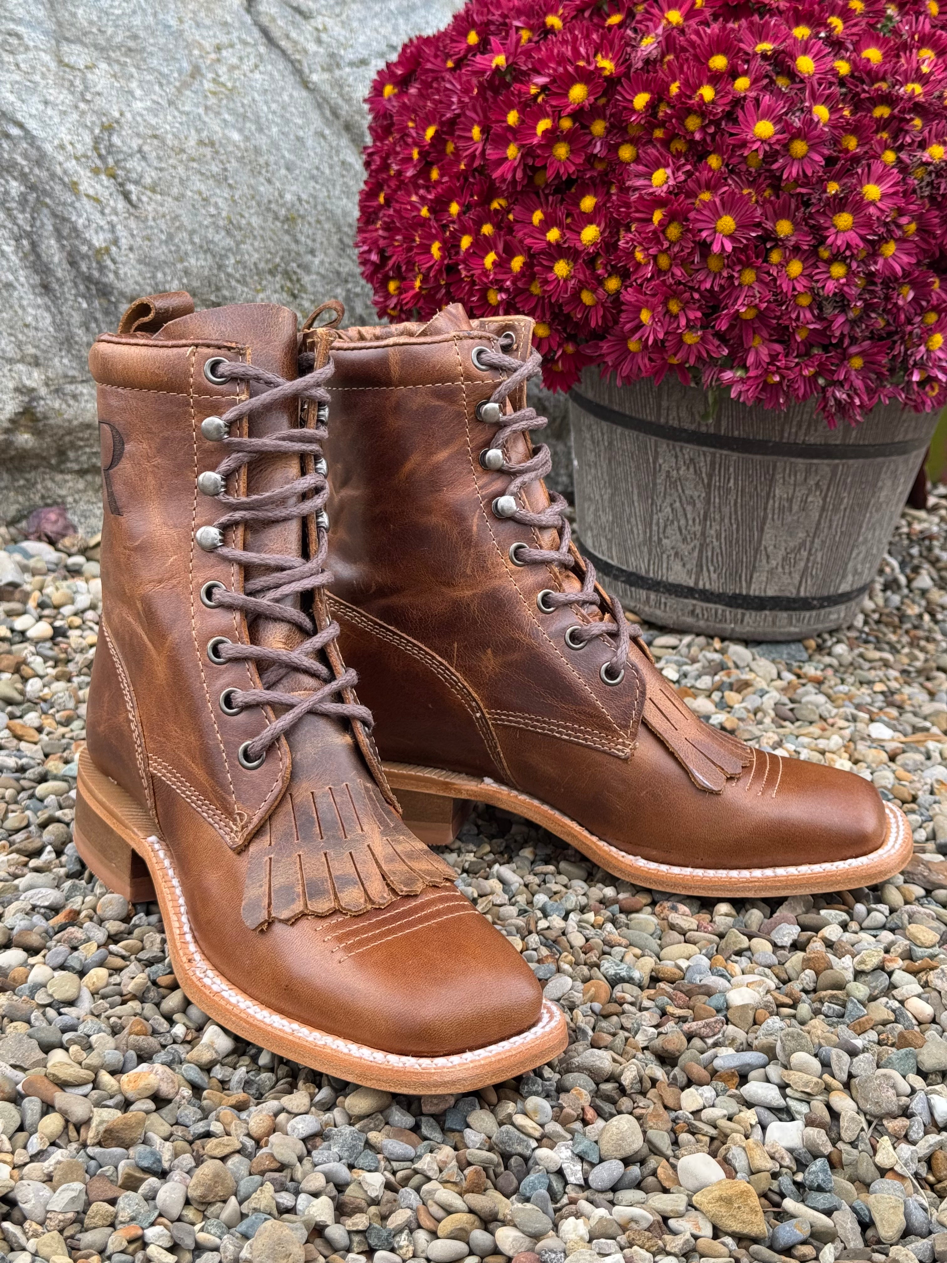 R. Watson Women's Honey Cowhide Leather Square Toe Lacer Boots