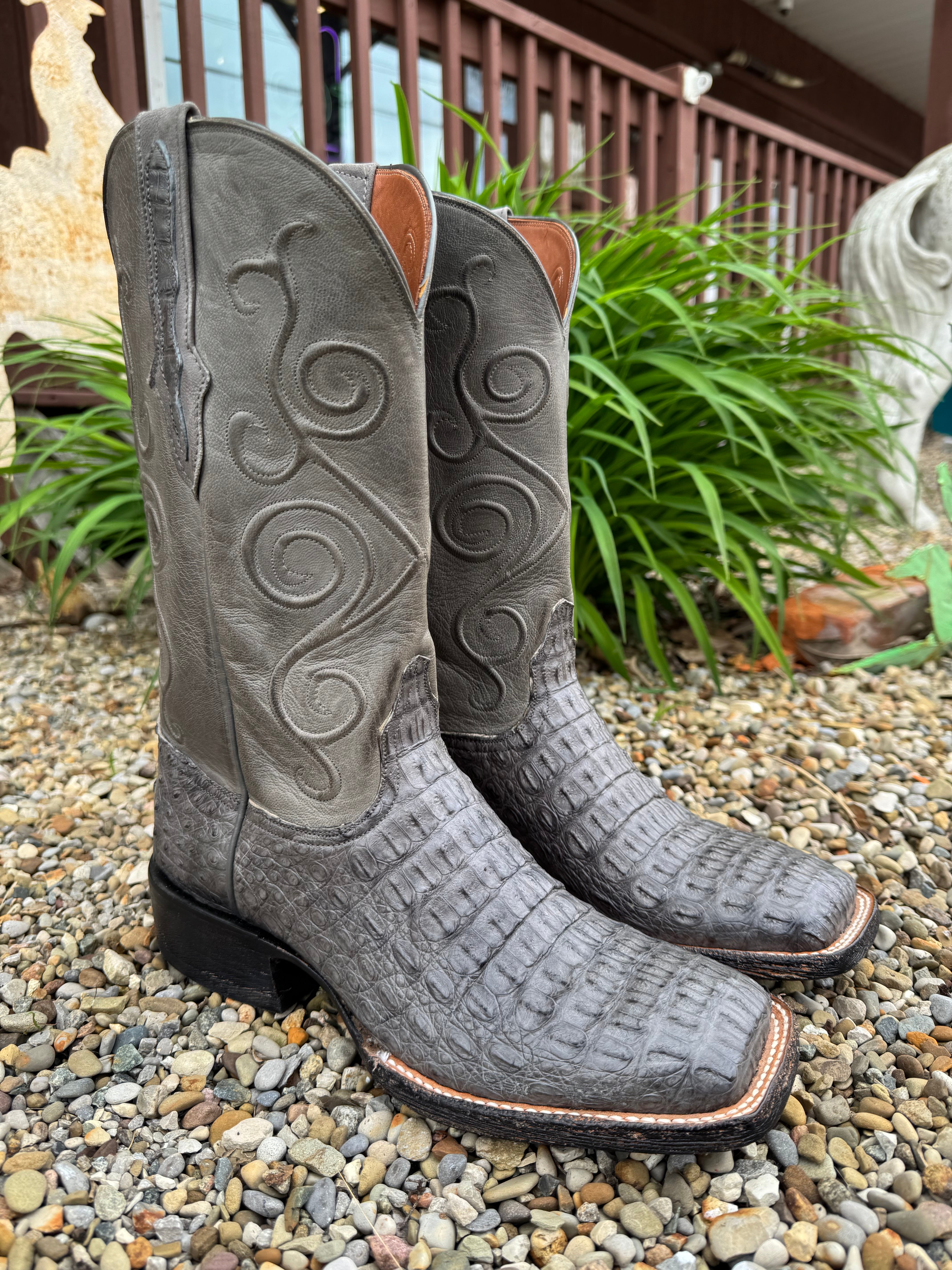 Black Jack Men's Dark Grey Caiman Hornback Square Toe Cowboy Boots