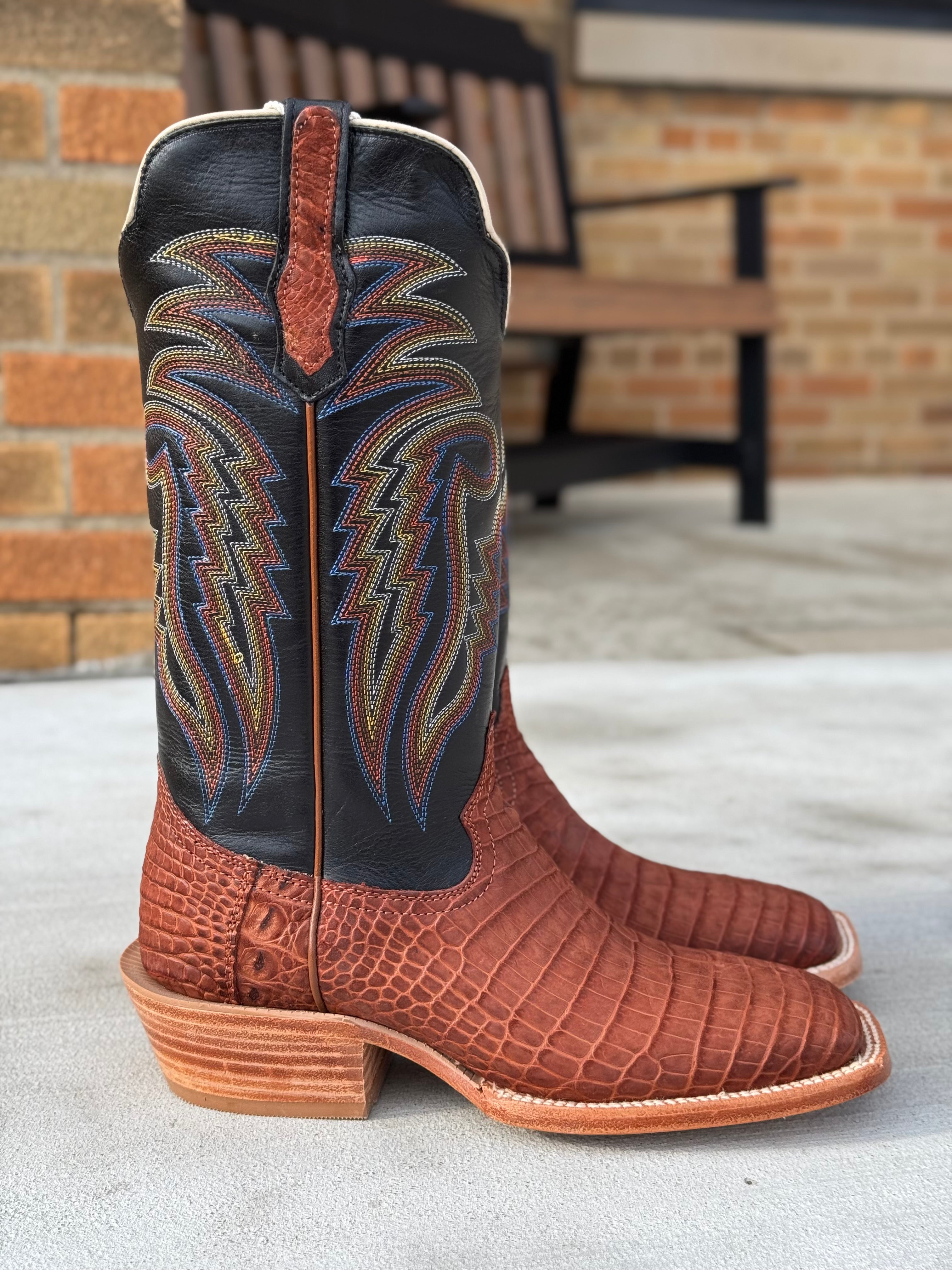 R. Watson Men's Cognac Sueded Nile Crocodile Square Toe Cowboy
