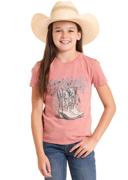 Rock & Roll Cowgirl Girl's Rose Mauve Mineral Wash 'Cowgirls' Graphic Tee Shirt BG21T09147