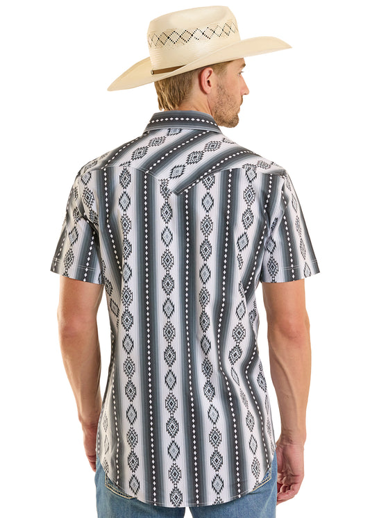 Rock & Roll Cowboy Men's Black Aztec Stripe Modern Fit Pearl Snap Short Sleeve Western Shirt BMN3S08673