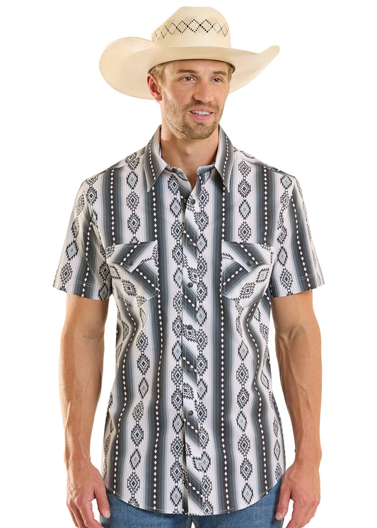 Rock & Roll Cowboy Men's Black Aztec Stripe Modern Fit Pearl Snap Short Sleeve Western Shirt BMN3S08673