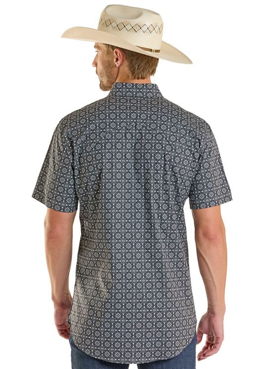 Rock & Roll Cowboy Men's Black Large Medallion Print Modern Fit Pearl Snap Short Sleeve Western Shirt BMN3S08677