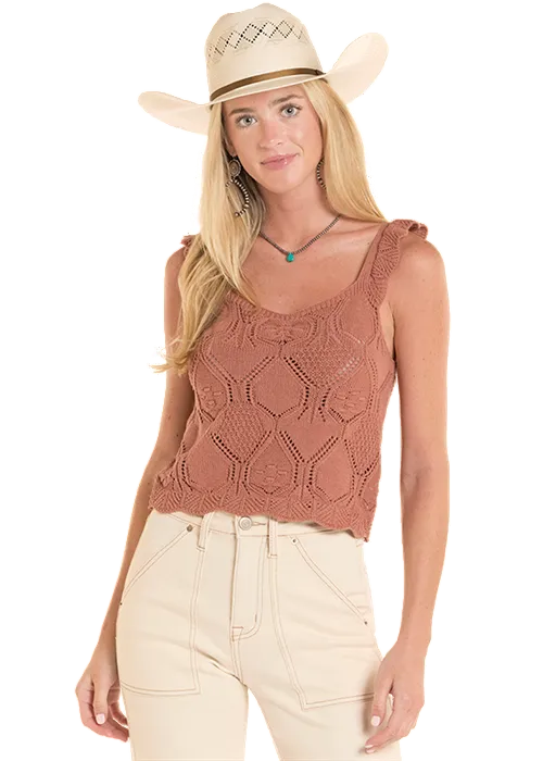 Rock and Roll Cowgirl Women's Dusty Rose Mauve Crochet Scoop Neck Cropped Tank Top BW20T08768