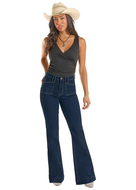 Rock & Roll Cowgirl Women's Flawless Fit Dark Wash High-Rise Carpenter Pocket Trouser Jeans BW5HD09090