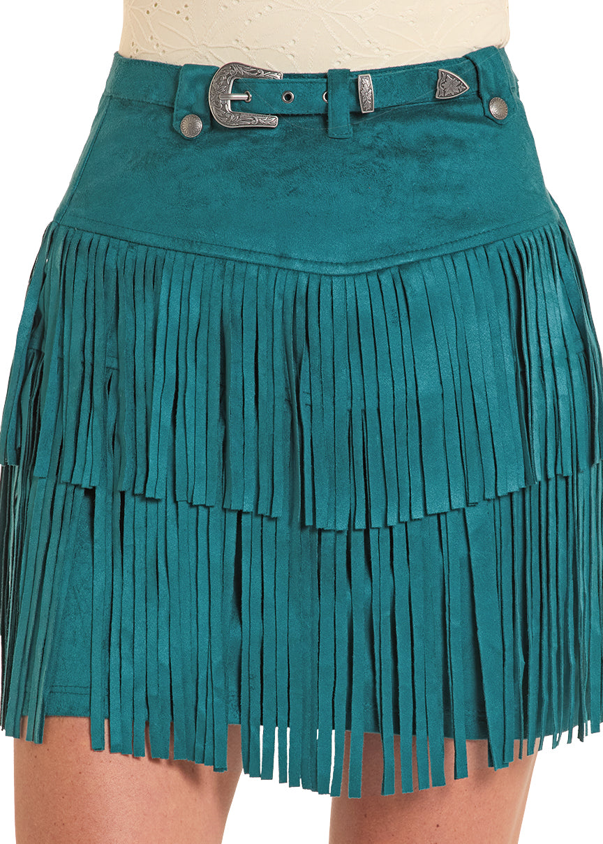 Rock & Roll Cowgirl Women's Teal Microsuede Fringed Skirt BW69B08812