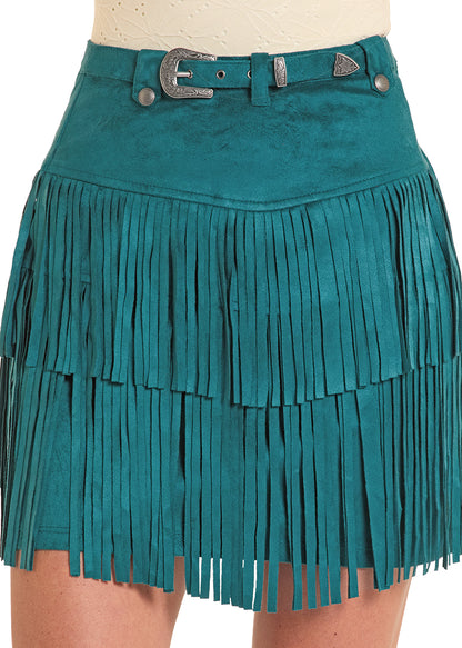 Rock & Roll Cowgirl Women's Teal Microsuede Fringed Skirt BW69B08812