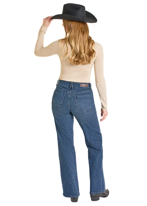 Rock & Roll Cowgirl x West Desperado Women's Flawless Fit Horse Bit Accent Medium Wash High-Rise Wide Leg Flare Jeans BW6HD07846