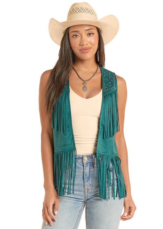 Rock and Roll Cowgirl Women's Teal Star & Round Stud Microsuede Fringe Western Vest  BW98C8787