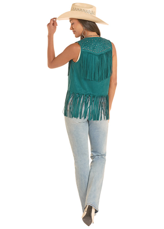 Rock and Roll Cowgirl Women's Teal Star & Round Stud Microsuede Fringe Western Vest  BW98C8787