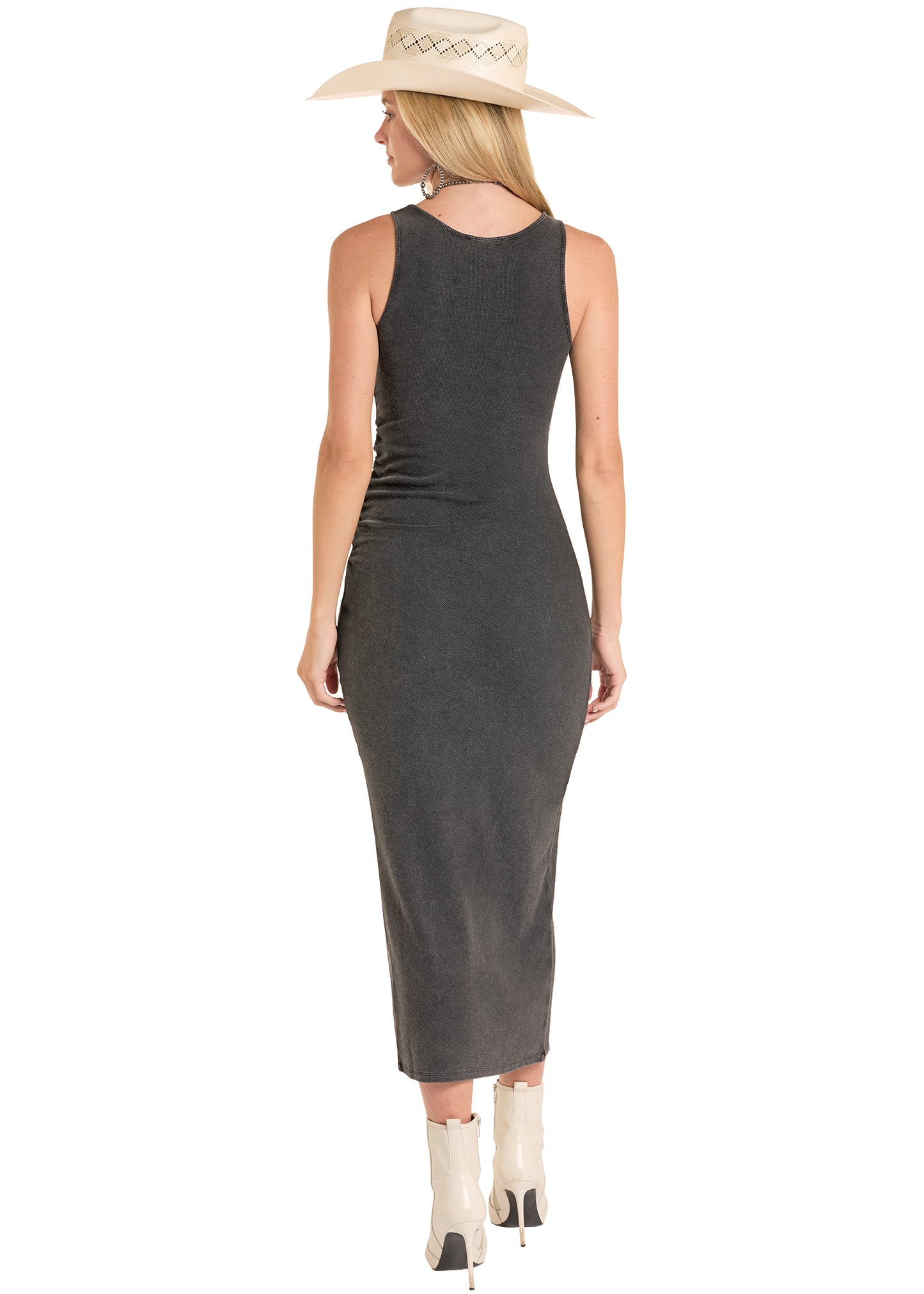 Rock & Roll Cowgirl Women's Black Mineral Wash Concho Accent Ruched Side Slit Tank Maxi Dress BWD0R08804