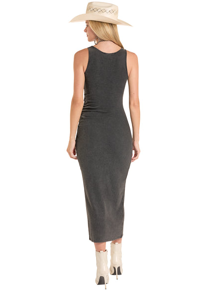 Rock & Roll Cowgirl Women's Black Mineral Wash Concho Accent Ruched Side Slit Tank Maxi Dress BWD0R08804