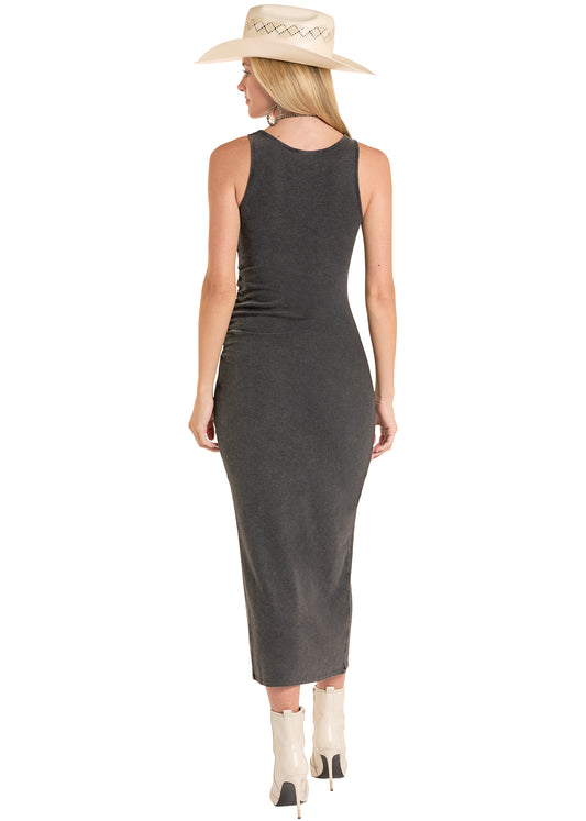 Rock & Roll Cowgirl Women's Black Mineral Wash Concho Accent Ruched Side Slit Tank Maxi Dress BWD0R08804